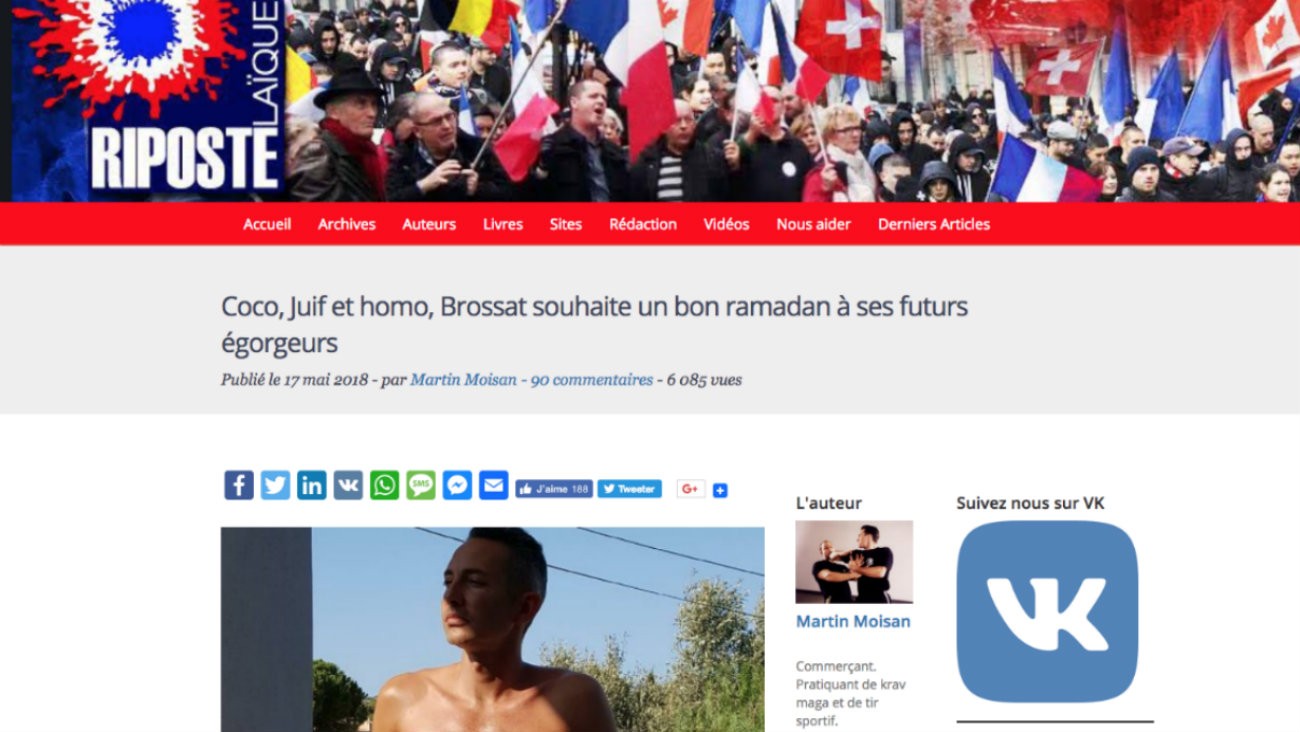 Capture d'écran du site d'extrême droite « Riposte laïque » qui s'en prend à l'élu Ian Brossat avec des propos homophobes et islamophobes