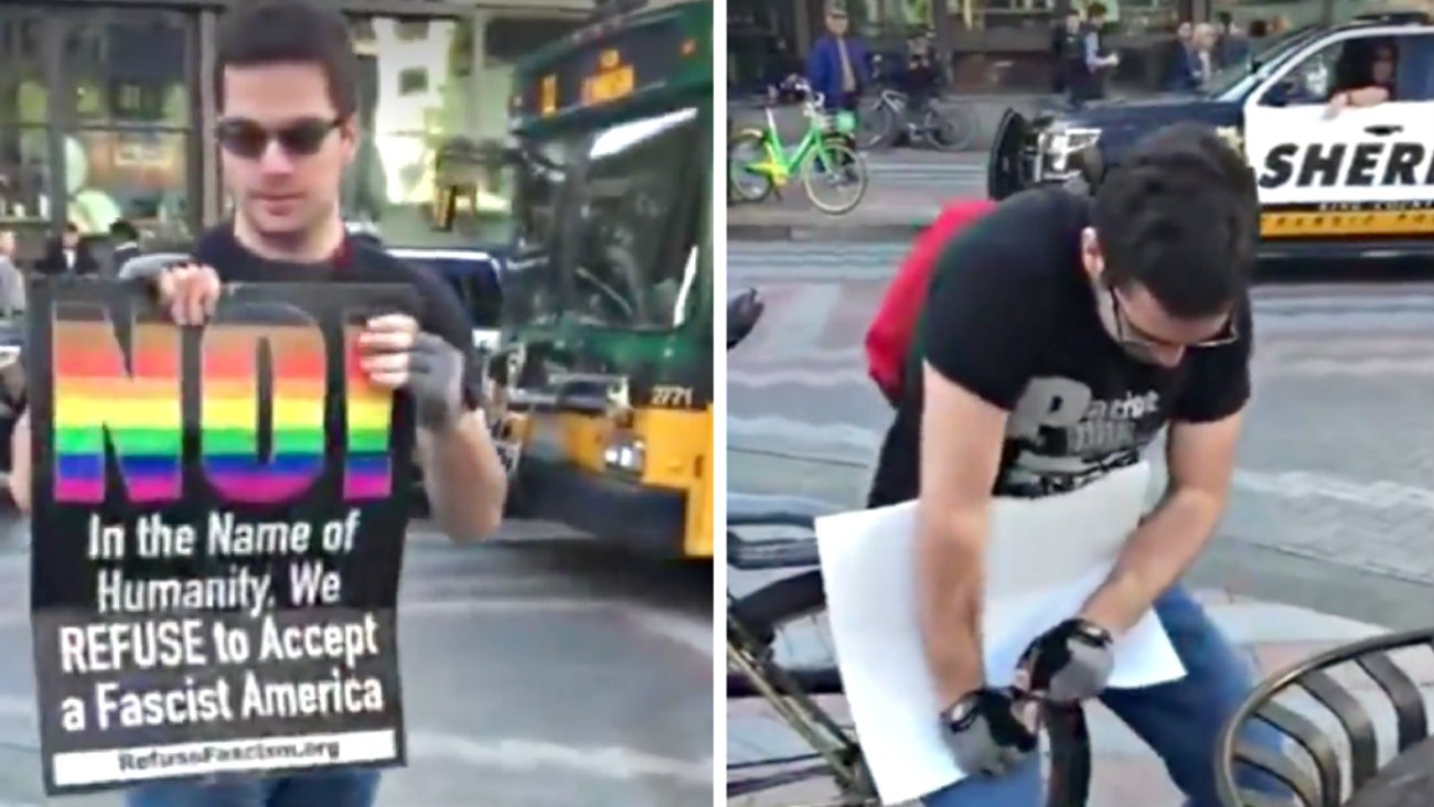Epic fail d'un homophobe d'extrême droite contre une pancarte arc-en-ciel à Seattle