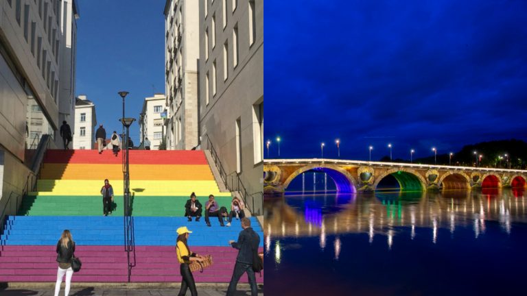 A gauche les marches des fiertés à Nantes et à droite le Pont Neuf de Toulouse