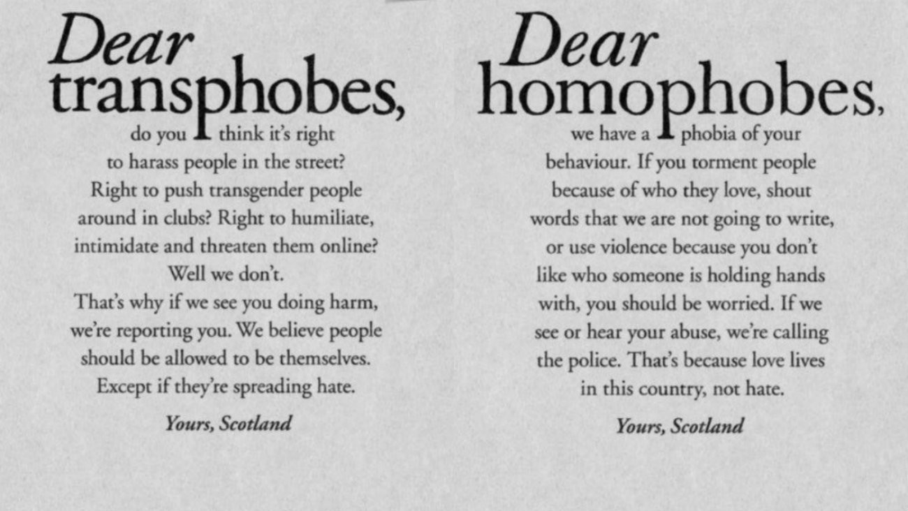 Affiches de la campagne écossaise contre l'homophobie et la transphobie - One Scotland