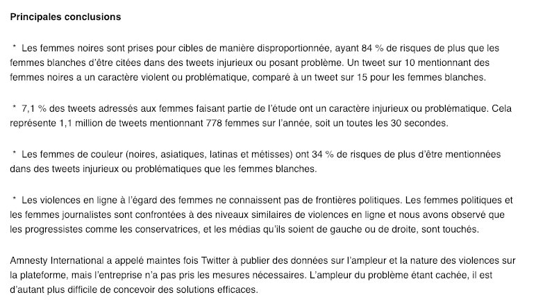 Les principales conclusions du projet Troll Patrol mené par Amnesty International et Element AI pour mesurer l'ampleur des messages de haine sur Twitter. 