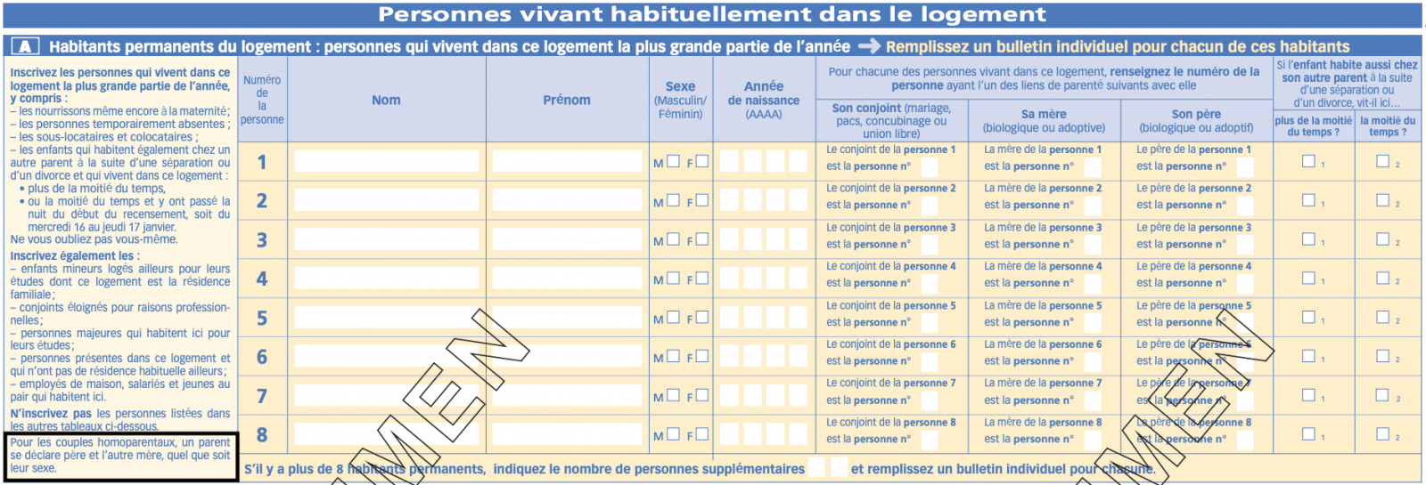 Capture d'écran de la page 2 et 3 de la feuille logement de recensement de l'INSEE