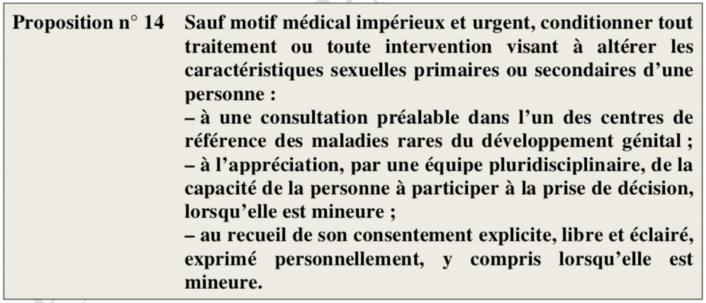 Proposition n°14 du rapporteur de la mission d'information sur la révision de la loi relative à la bioéthique, concernant les personnes intersexes. 