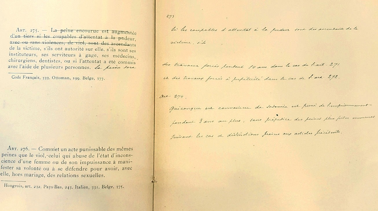 La première formulation de l'article sur la criminalisation avec mention de la sodomie à la marge de la section sur l'Outrage public à la pudeur de l'Avant-projet - DR