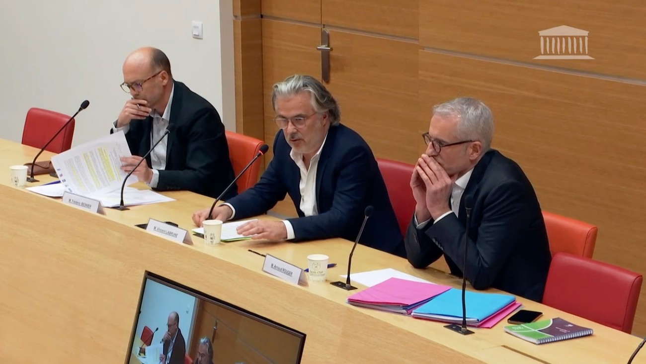 Frédéric Besnier, Vincent Labrune et Arnaud Rouger, de la Ligue professionnelle de football lors de leurs auditions à l'AN le 22/11/2023