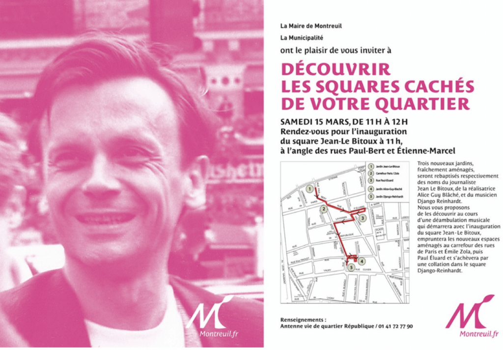 Le tract de la Mairie arborant la photo de Jean Le Bitoux et mentionnant les deux autres jardins 